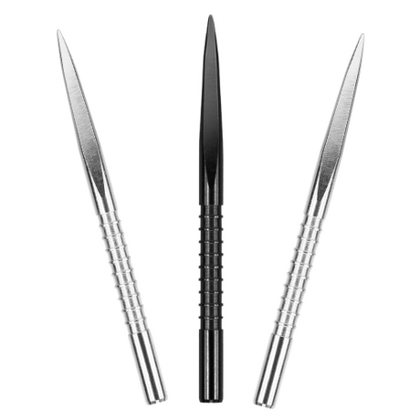 Three dart points with machined grip grooves, sharp steel tips, isolated on white background for darts equipment buyers