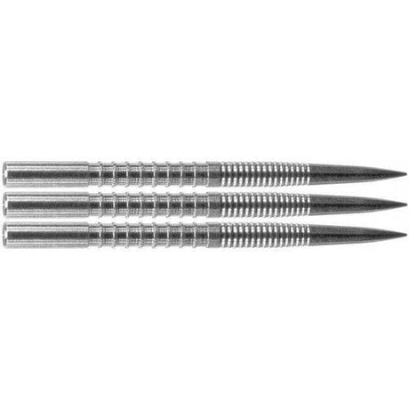 Three steel dart points side by side, showing horizontal ridges, grooved grip sections, and precision tapered tips on white background