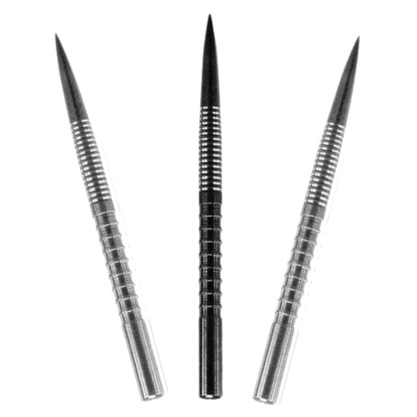 Three steel dart points with precision machined grip ridges displayed upright on white background, replacement tips for steel tip darts