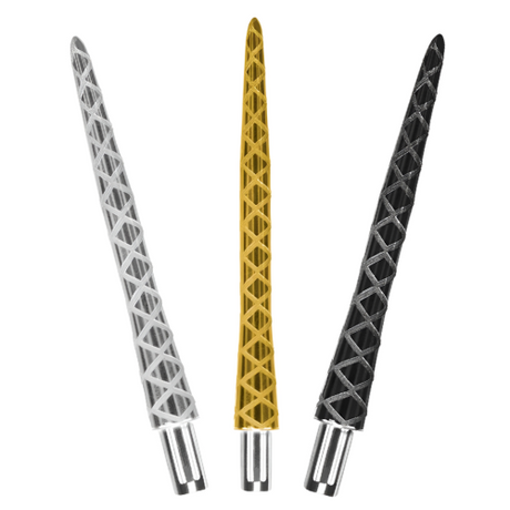 Three Firestorm Diamond dart points in silver, gold, and black with diamond textured grip, isolated on white background