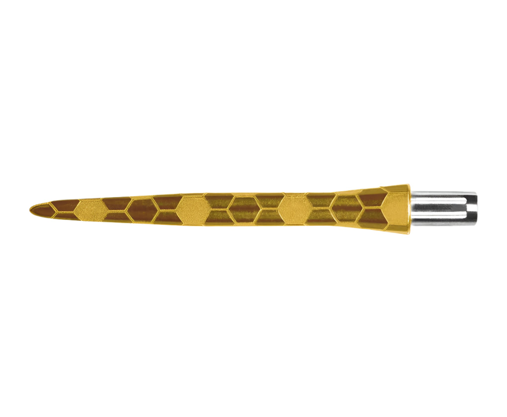 Gold Firestorm Onyx dart point full side view, hexagonal grip texture and precision machined tip, isolated on white background