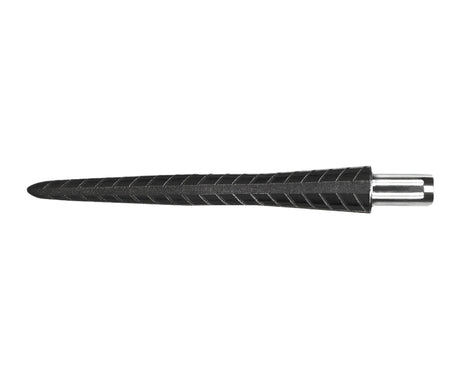 Firestorm quartz dart point full view on white background showing spiral machined grip and tapered steel tip design