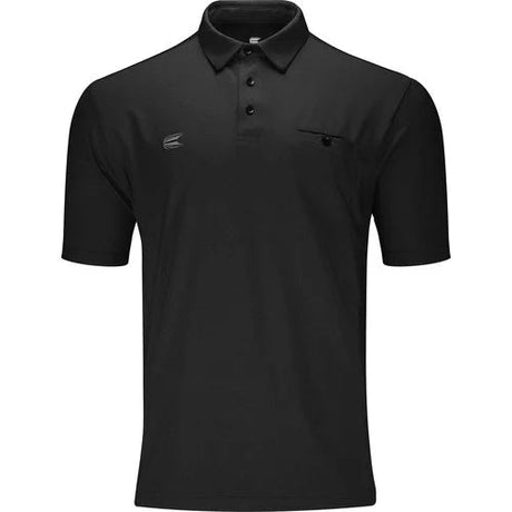 Full front view of black Flexline darts shirt with button collar and chest pocket, isolated on white for dart players