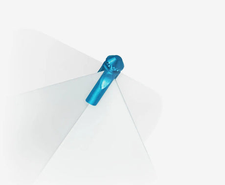 Close-up angled view of blue dart flight protector fitted on dart flight, highlighting tip design on white background