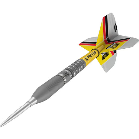 Angled dart view showing tungsten barrel grooves, detailed grip texture, and German flag flight, isolated on white background