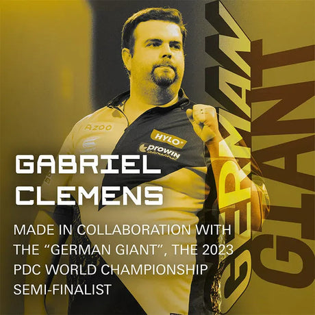 Gabriel Clemens celebrating in branded darts jersey with German Giant text, lifestyle shot promoting dart collaboration