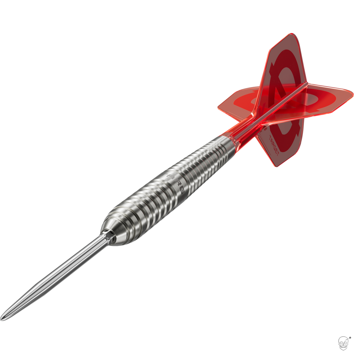 Target Group O 01 dart – angled view of the silver 50% tungsten barrel with flight and shaft fitted