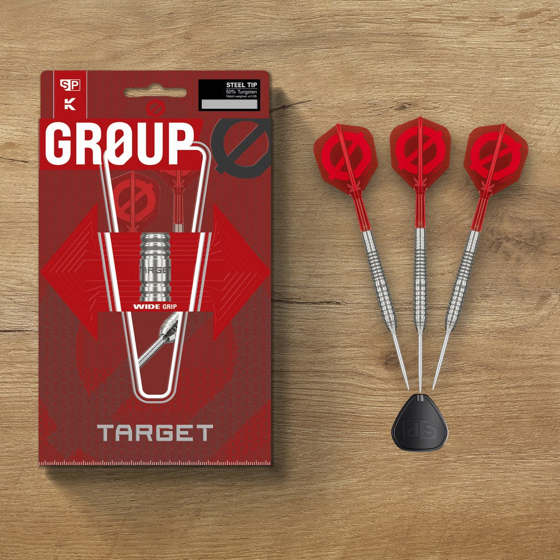 Target Group O 01 darts and packaging on a wooden table
