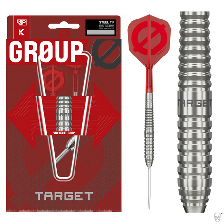 Target Group O 01 50% tungsten Swiss Point darts – retail packaging with the full dart and a barrel close-up