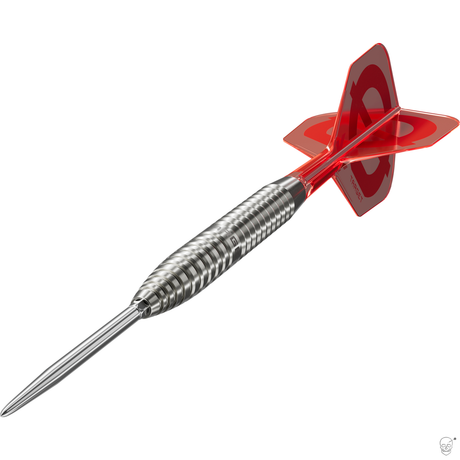 Target Group O 02 dart – angled view of the silver 50% tungsten barrel with flight and shaft fitted