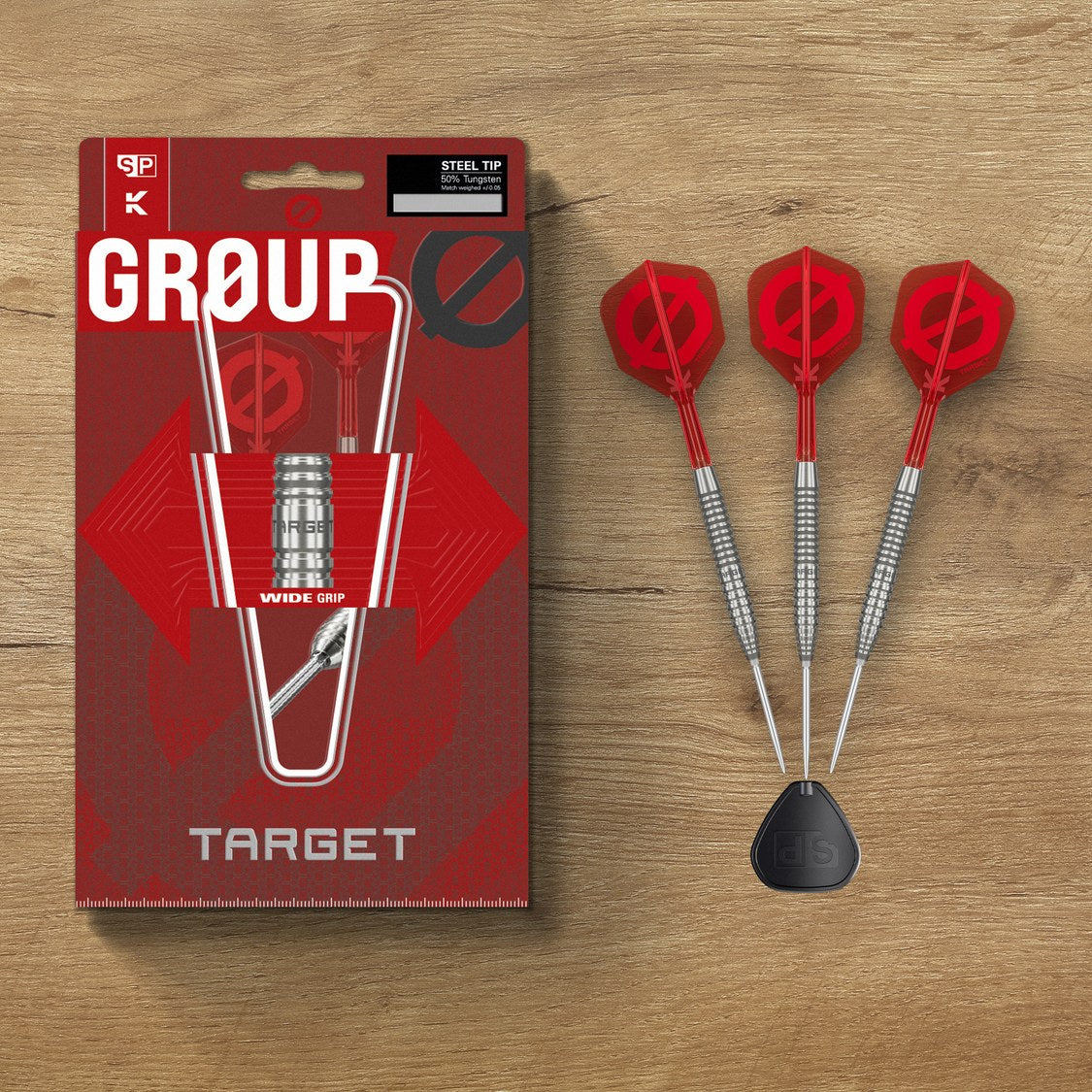 Target Group O 02 darts and packaging on a wooden table