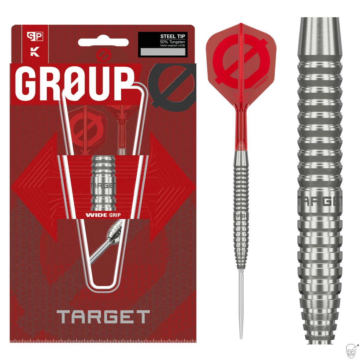 Target Group O 02 50% tungsten Swiss Point darts – retail packaging with the full dart and a barrel close-up