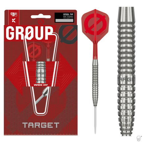 Target Group O 02 50% tungsten Swiss Point darts – retail packaging with the full dart and a barrel close-up