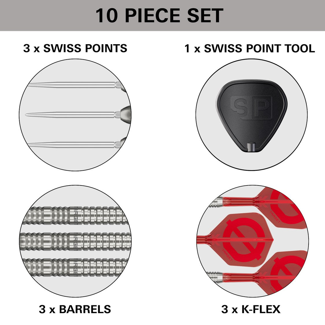 Target Group O 03 set contents – barrels, Swiss Points, K-Flex flights and Swiss Point tool