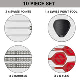 Target Group O 03 set contents – barrels, Swiss Points, K-Flex flights and Swiss Point tool