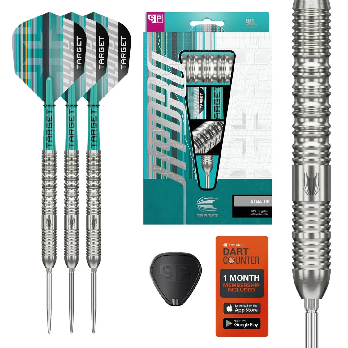 Full view of 90% tungsten steel tip darts with precision grip barrel, packaging, flights, accessories, and membership card on white background
