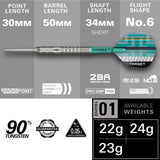 Side view of 90% tungsten steel dart with radial grooved grip, detailed lengths, No.6 flight, and available weights 22g, 23g, 24g.