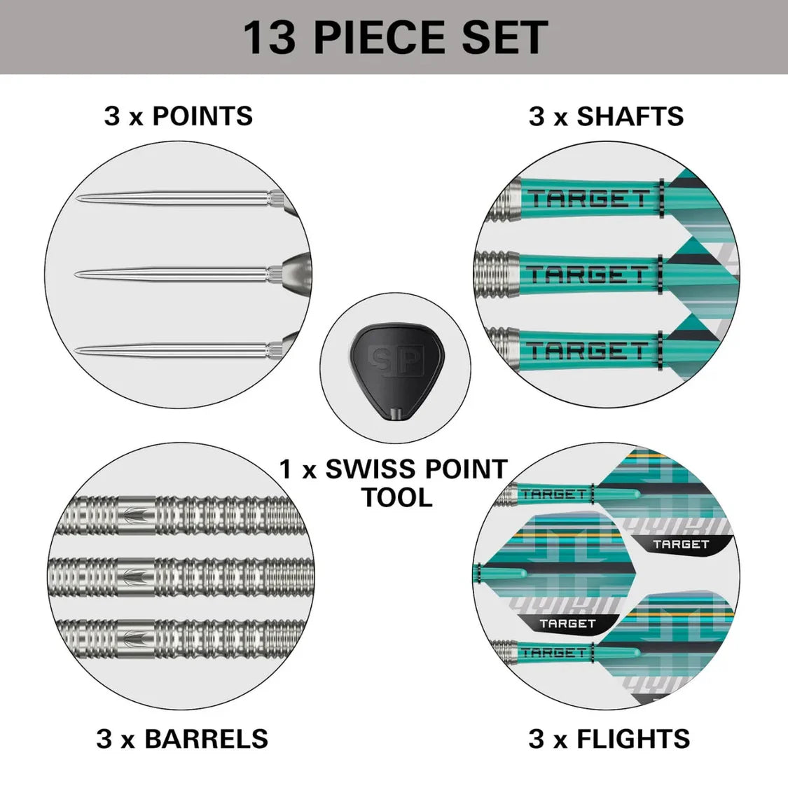 Top-down view of 13-piece tungsten dart set with grouped points, barrels, shafts, flights, and Swiss point tool, labeled for dart players