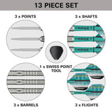 Top-down view of 13-piece tungsten dart set with grouped points, barrels, shafts, flights, and Swiss point tool, labeled for dart players