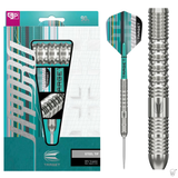 Steel tip tungsten darts in retail packaging with full dart view and close-up of knurled grip barrel design