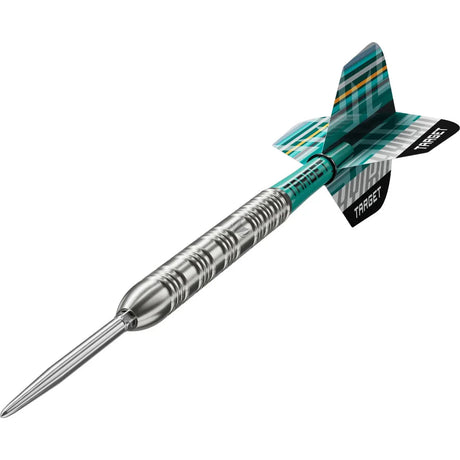 Angled tungsten dart on white background highlighting precision grip barrel, steel tip, and modern turquoise geometric flights