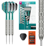 Steel tip darts set with 90% tungsten barrels, close-up grip detail, retail packaging, flight, and dart counter card displayed