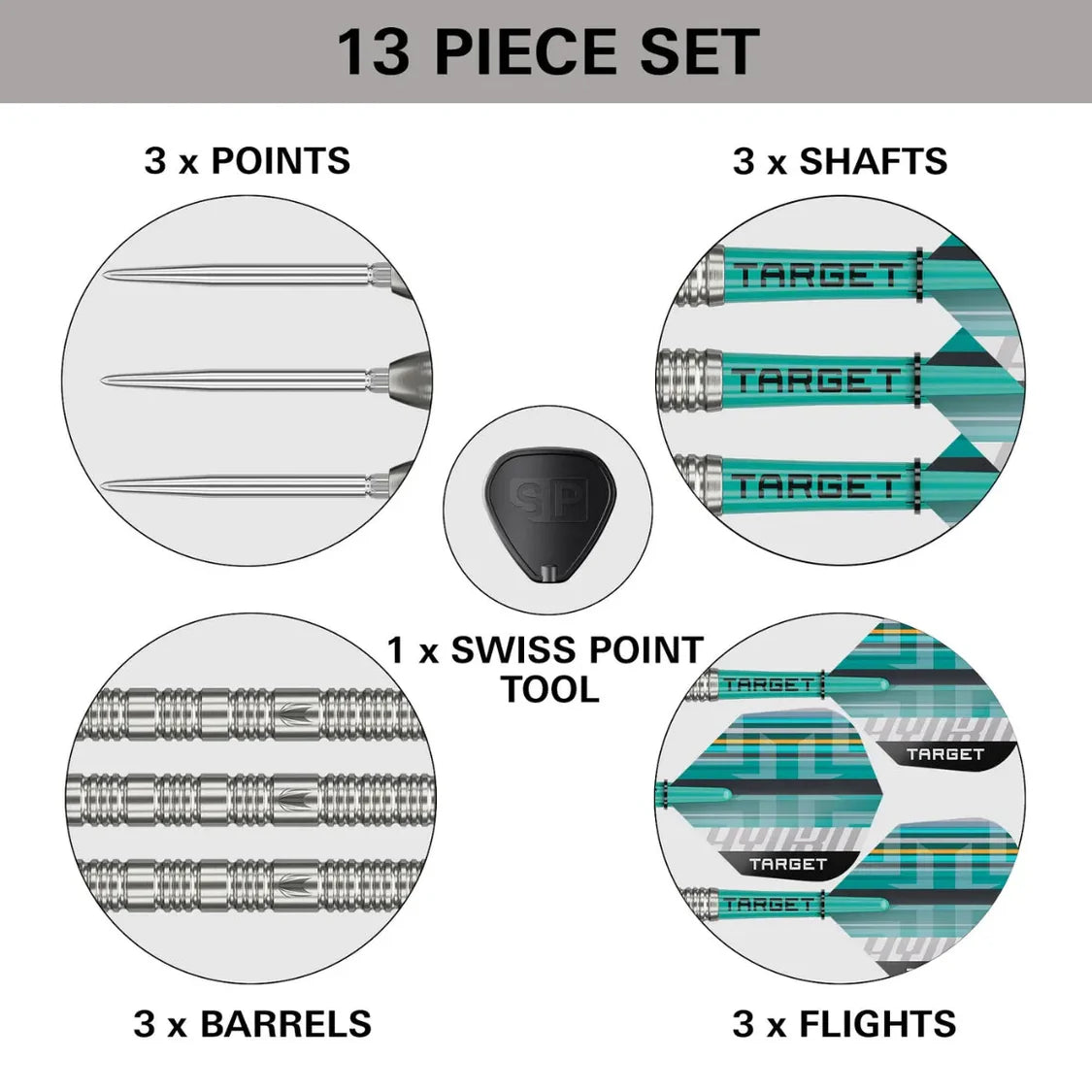 Dart set components displayed: close-up barrels, points, shafts, flights, and Swiss Point tool with clear arrangement for 90% tungsten darts
