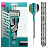 Steel tip tungsten darts in retail packaging with close-up of precision ring-grip barrel and full assembled dart for scale