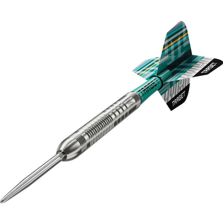 Single 90% tungsten steel-tip dart with ringed grip barrel and teal geometric flights, angled on white background