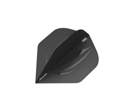 Angled close-up of black No.2 dart flight showing textured surface and shape, isolated on white background