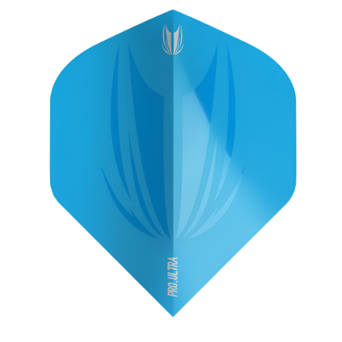 Full view of blue Pro Ultra No.2 dart flight, standard shape, 100 micron material, UV print, isolated on white background