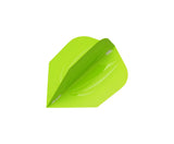 Angled close-up of single lime green No.6 dart flight, ultra durable 100 micron, isolated on white background