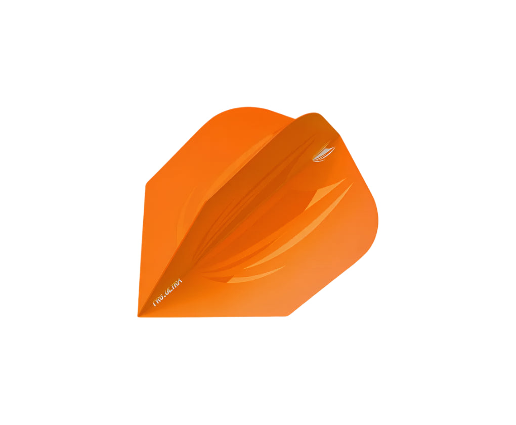 Angled view of a single orange dart flight No.6, full product isolated on white, highlighting aerodynamic shape and translucent material.