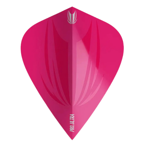 Close-up of pink kite dart flight on white background, showing Pro Ultra texture and aerodynamic wing design for darts setup