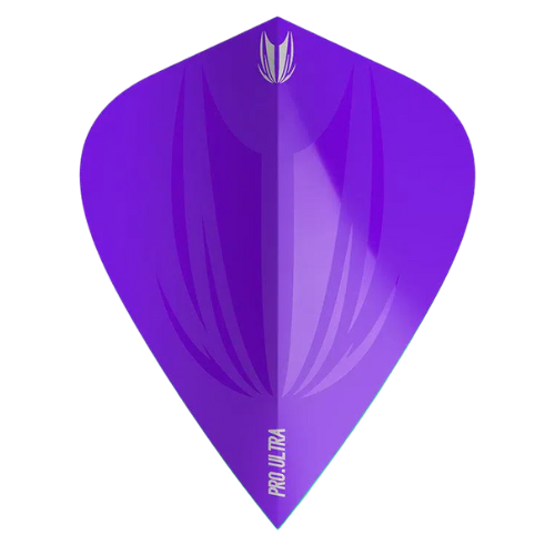 Purple kite dart flight close-up on white background highlighting Pro Ultra embossed design and 100 micron thickness