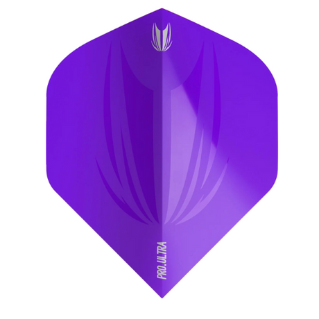 Purple dart flight No.2 shape with silver Pro Ultra logo, isolated on white, clear display of textured pattern for darts setup