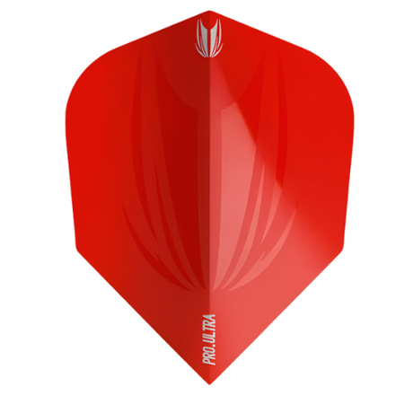 Close-up of red No.6 dart flight with PRO.ULTRA text, 100 micron material, isolated on white, featuring embossed detailing