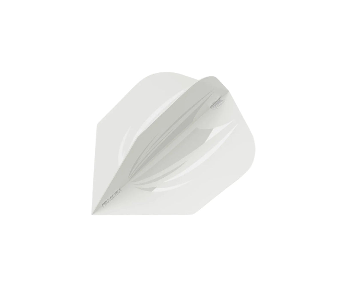 Top-down view of a white No.2 dart flight, isolated on white background, showing translucent ultra-thin material and flight shape.