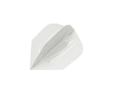 Top-down view of a white No.2 dart flight, isolated on white background, showing translucent ultra-thin material and flight shape.