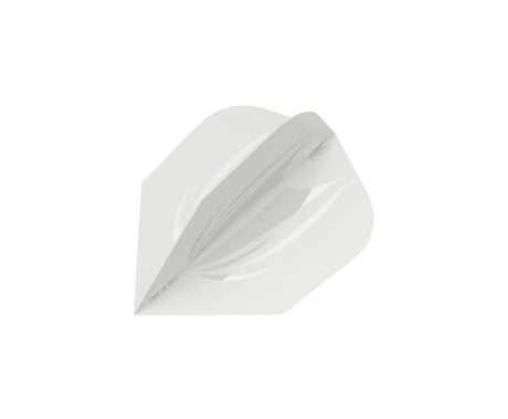 Top-down view of a white No.2 dart flight, isolated on white background, showing translucent ultra-thin material and flight shape.