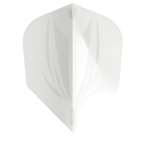 Top-down view of single white No.6 dart flight with embossed detailing and Pro Ultra text, isolated on white background
