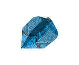 Angled close-up of blue No.6 dart flight with intricate black pattern, isolated on white, showing full flight shape for dart players