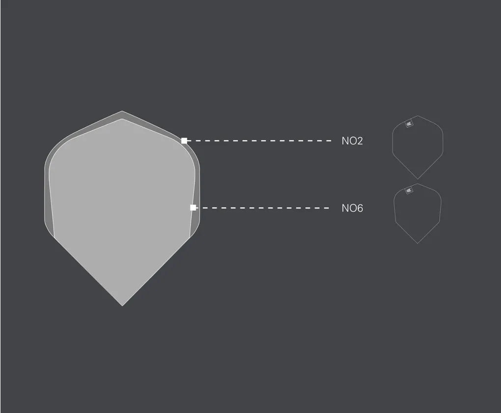 Top-down comparison of No.2 and No.6 dart flight shapes, showing size and profile differences for dart setup