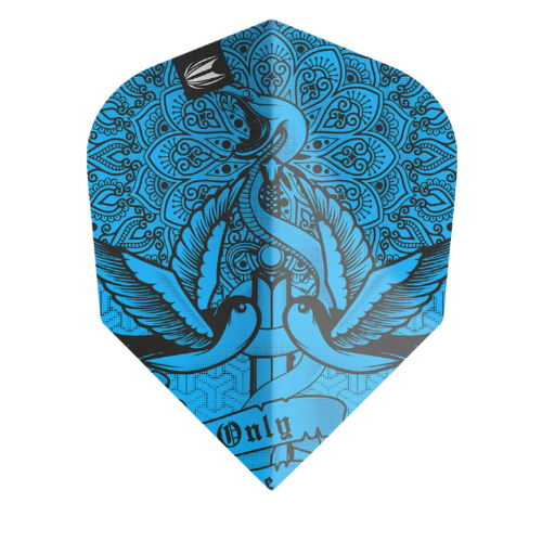 Single dart flight in blue with intricate tattoo-style bird and mandala artwork, isolated on white background