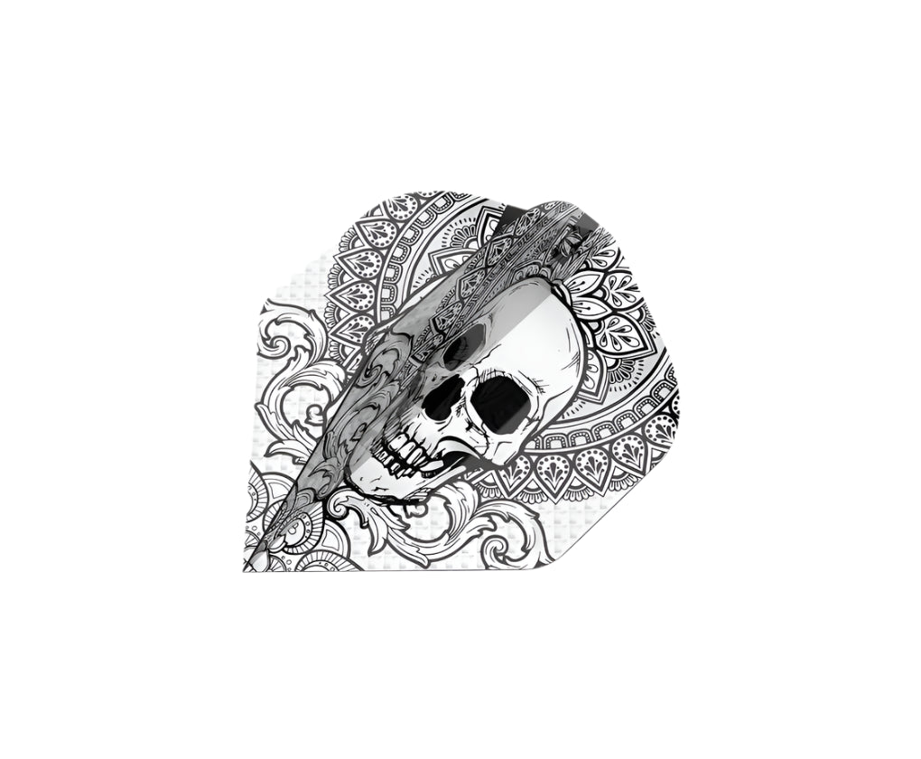 Angled view of dart flight with grey skull and mandala pattern, single flight assembled, isolated on white background