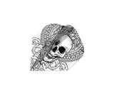 Angled view of dart flight with grey skull and mandala pattern, single flight assembled, isolated on white background