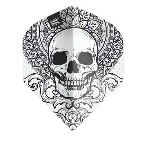 Close-up of a single No.2 dart flight with intricate black and white grey skull and floral design, isolated on white background
