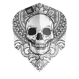 Grey Skull No.6 dart flight displayed flat on white background, featuring intricate black skull and mandala art for darts setup
