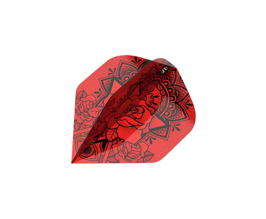 Angled dart flight isolated on white background showing detailed red and black rose tattoo pattern and sturdy 100 micron construction.
