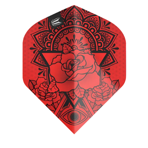 Red No.2 dart flight with detailed black rose and geometric design, full view on white background for darts equipment